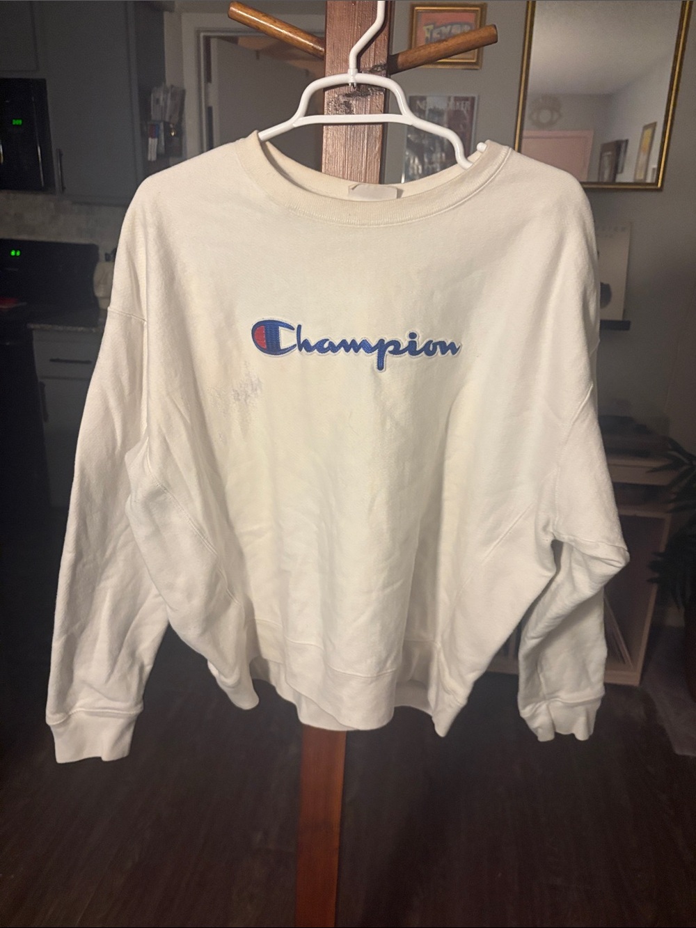 Champion White Crewneck Sweatshirt with Blue Logo
